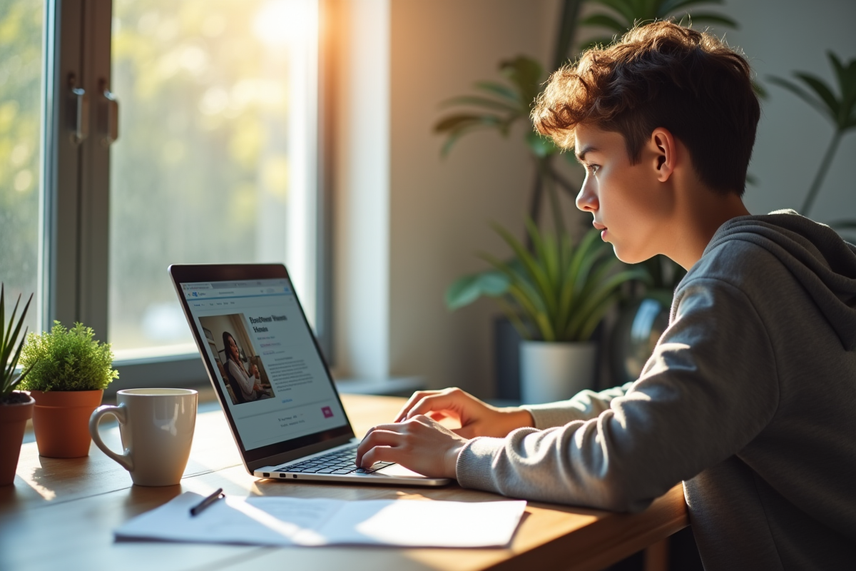 Jeune personne concentrée travaillant sur un ordinateur portable dans un bureau lumineux