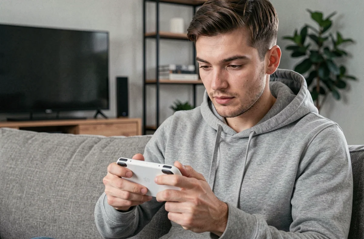 Jeune homme jouant sur une console portable PlayStation en cloud gaming dans un salon contemporain