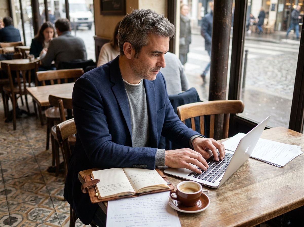 Journaliste masculin travaillant sur un article dans un café parisien entouré de carnets et de brouillons imprimés