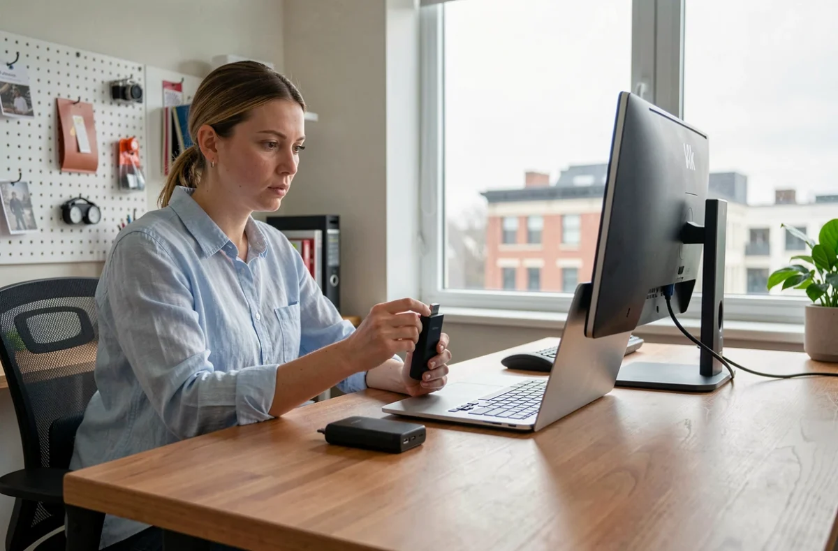 Développeuse examinant un kit transmetteur HDMI 4K sans fil sur un bureau de télétravail moderne