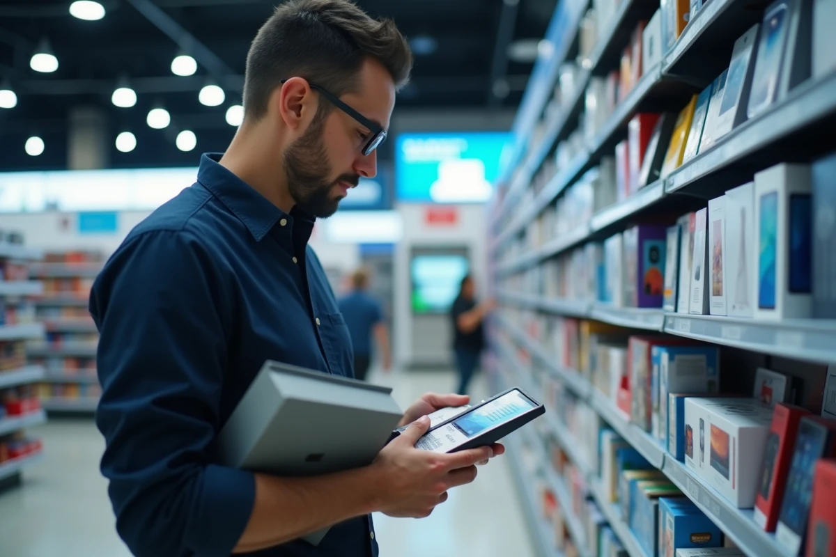 Homme lisant les spécifications de stockage sur l'emballage d'une tablette en magasin électronique