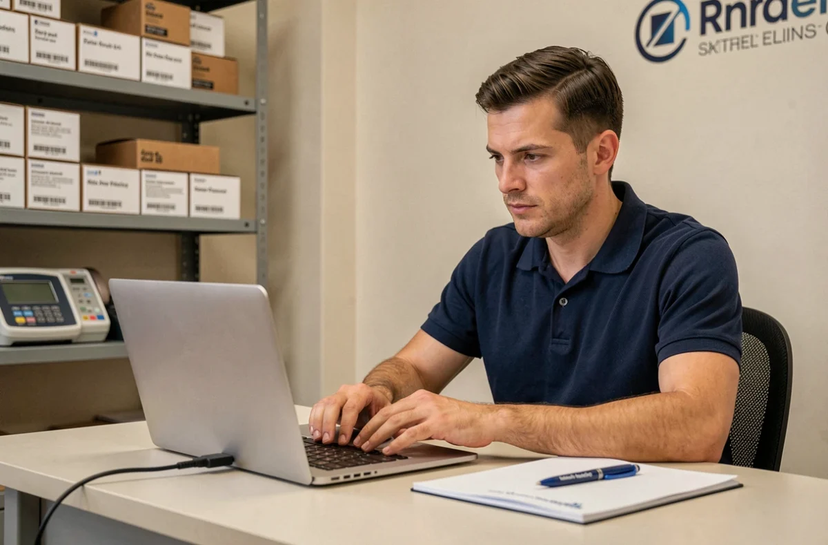Technicien informatique de Listen And Resolve diagnostiquant un ordinateur portable dans un bureau professionnel