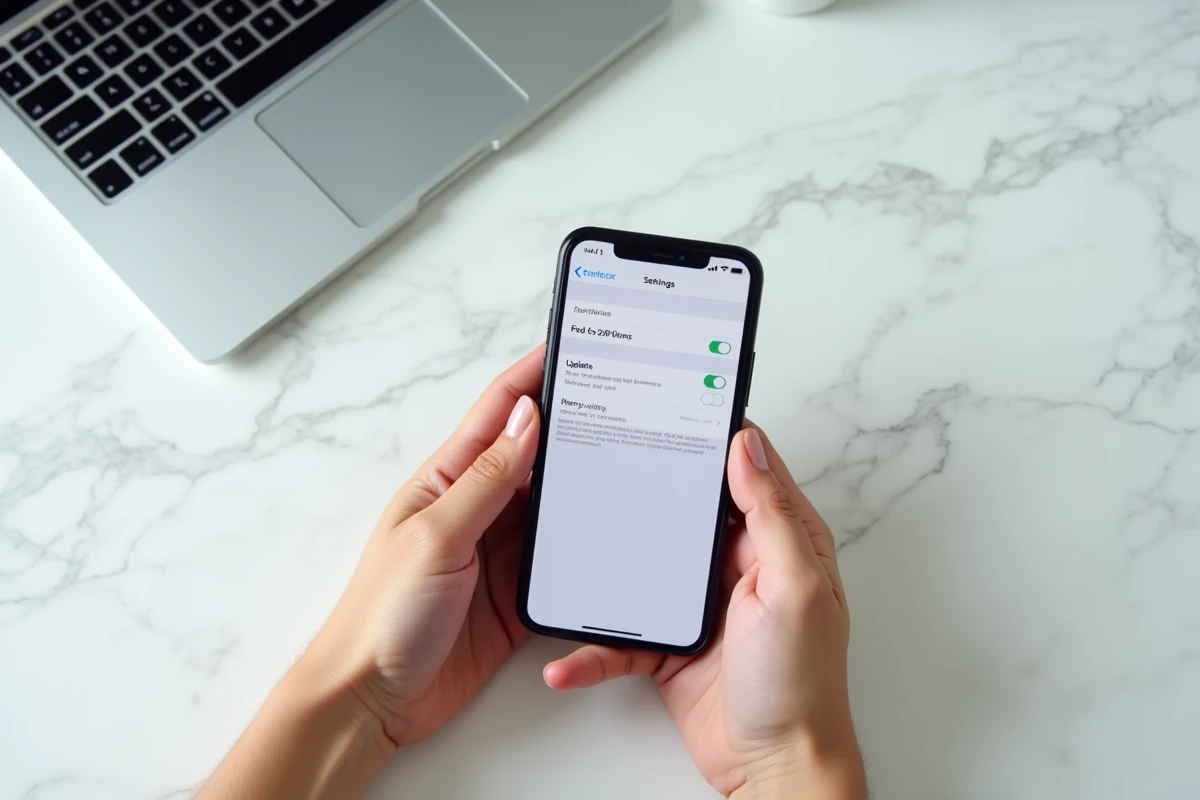 Mains tenant un iPhone affichant la mise à jour iOS 18.4.1 sur un comptoir en marbre blanc avec MacBook en arrière-plan