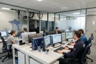 Bureau de maintenance informatique professionnel en Nouvelle-Aquitaine avec techniciens au travail