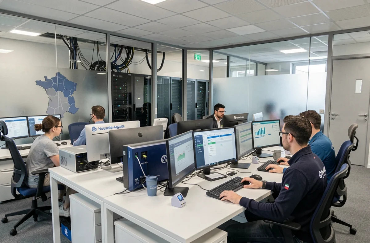 Bureau de maintenance informatique professionnel en Nouvelle-Aquitaine avec techniciens au travail