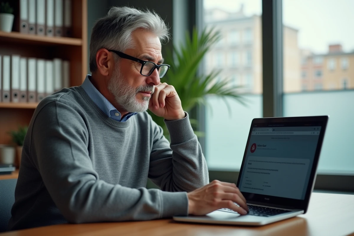 Manager EDF bloqué sur l'accès intranet, visage perplexe devant un message d'erreur sur son ordinateur portable