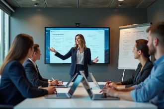 Manager femme présentant un logiciel de gestion web à son équipe lors d'une session de formation en salle de réunion moderne