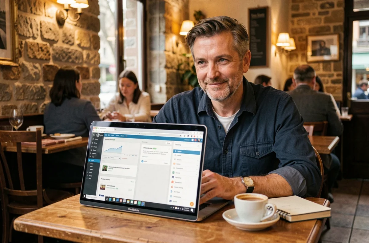 Marc Giraud, consultant WordPress freelance, personnalisant un thème depuis un café en Normandie