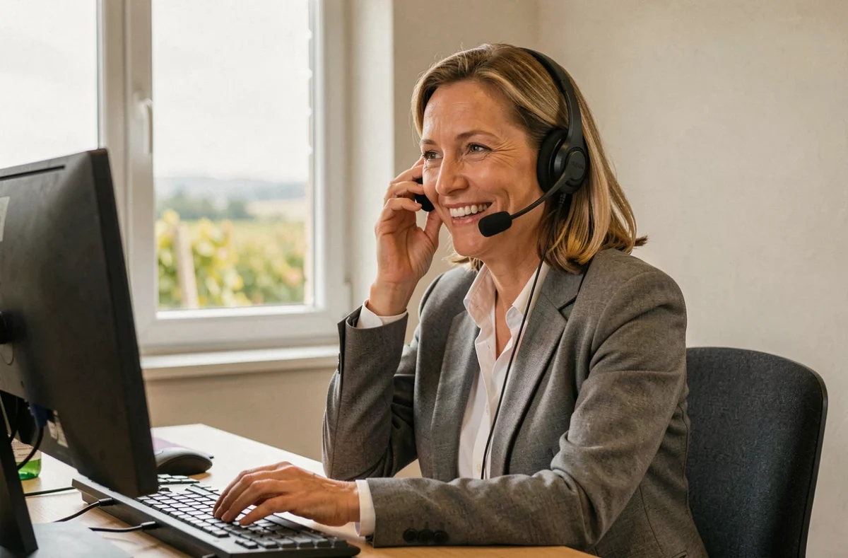 Spécialiste informatique de MarcoServices Informatique Langon au téléphone dans son bureau avec vue sur les vignes