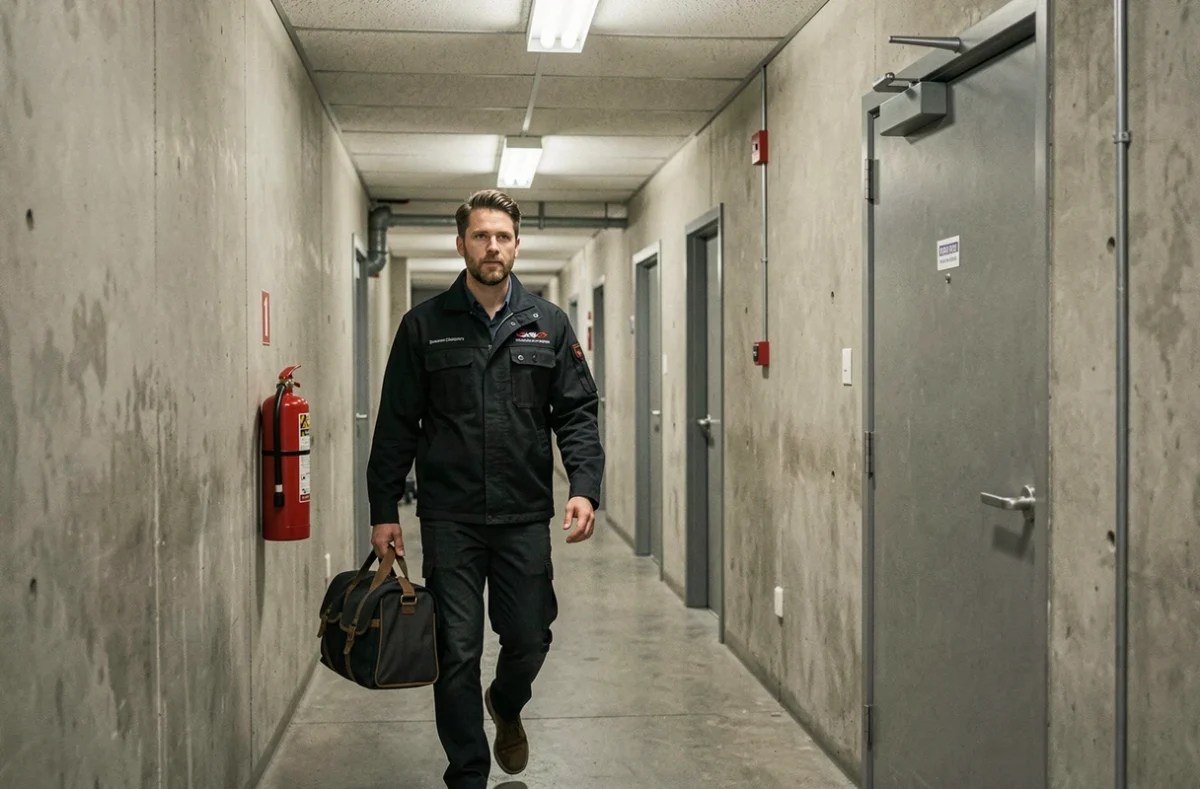 Technicien MCD Informatique en déplacement vers une salle serveur dans un bâtiment professionnel