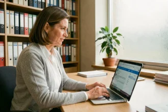 Femme utilisant la messagerie académique webmail sur un ordinateur portable dans un bureau universitaire