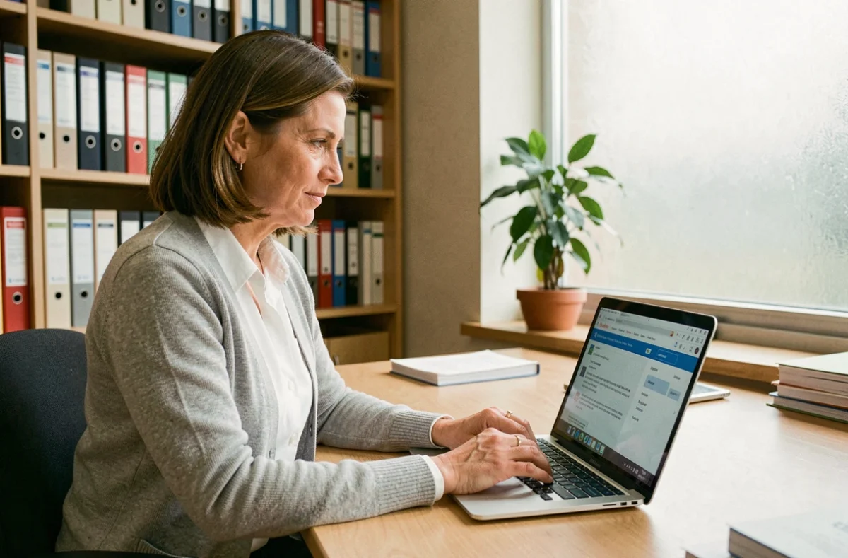 Femme utilisant la messagerie académique webmail sur un ordinateur portable dans un bureau universitaire
