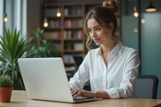 Femme utilisant la messagerie académique Webmel sur un ordinateur portable dans un bureau universitaire moderne