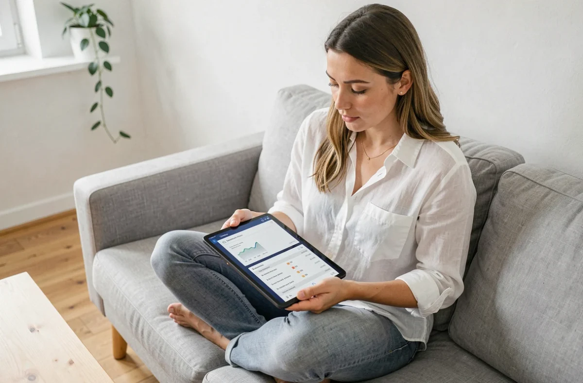 Jeune femme vérifiant la migration de ses emails anciens vers Webmail IONOS depuis une tablette à domicile
