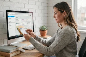 Femme organisant la migration de ses anciens emails vers Webmail IONOS sur un grand écran de bureau