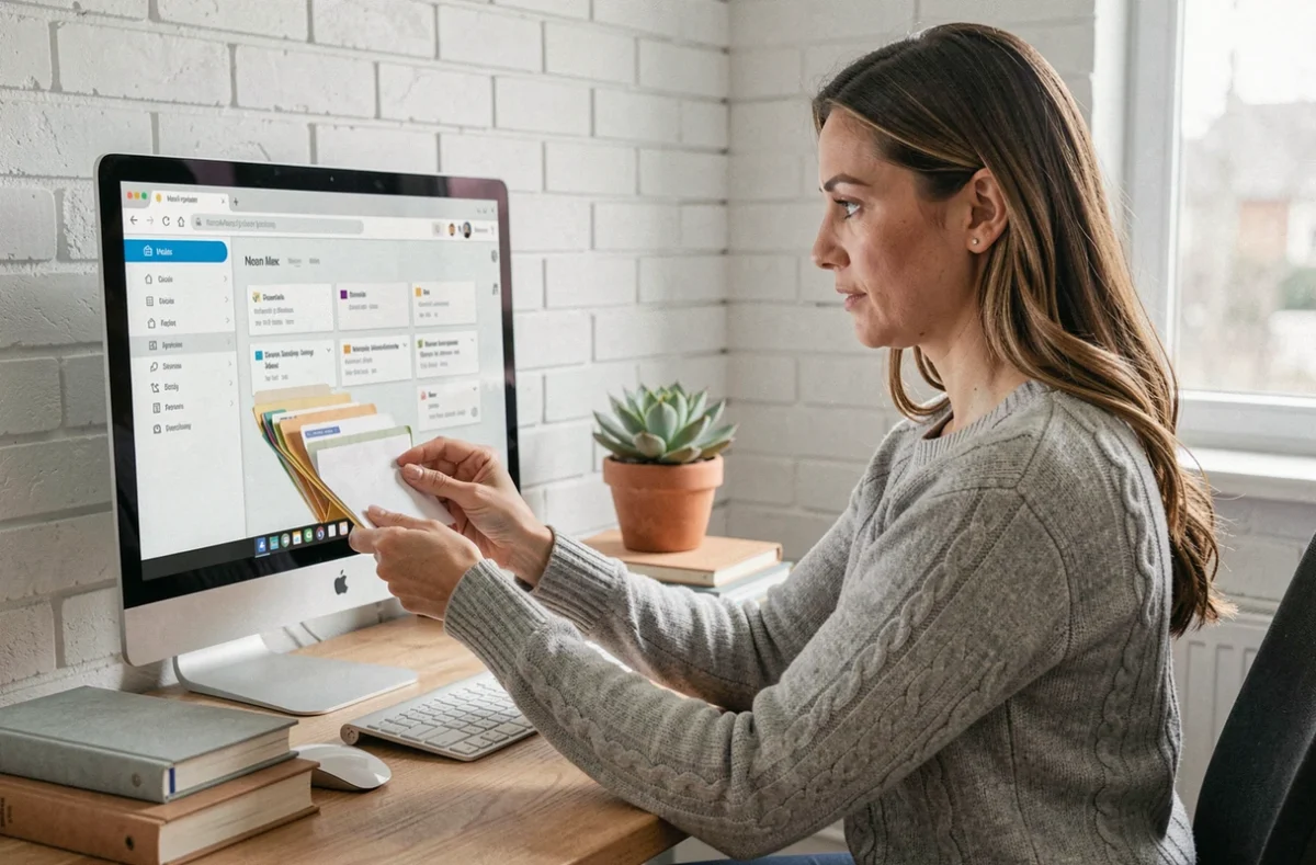 Femme organisant la migration de ses anciens emails vers Webmail IONOS sur un grand écran de bureau