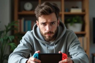 Homme frustré tenant une Nintendo Switch avec un écran noir après une mise à jour ratée