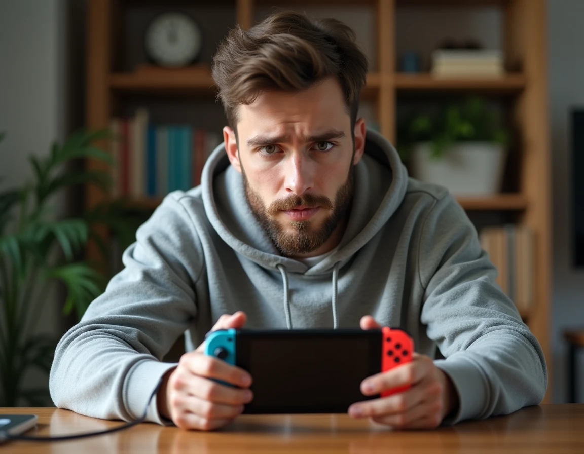Homme frustré tenant une Nintendo Switch avec un écran noir après une mise à jour ratée