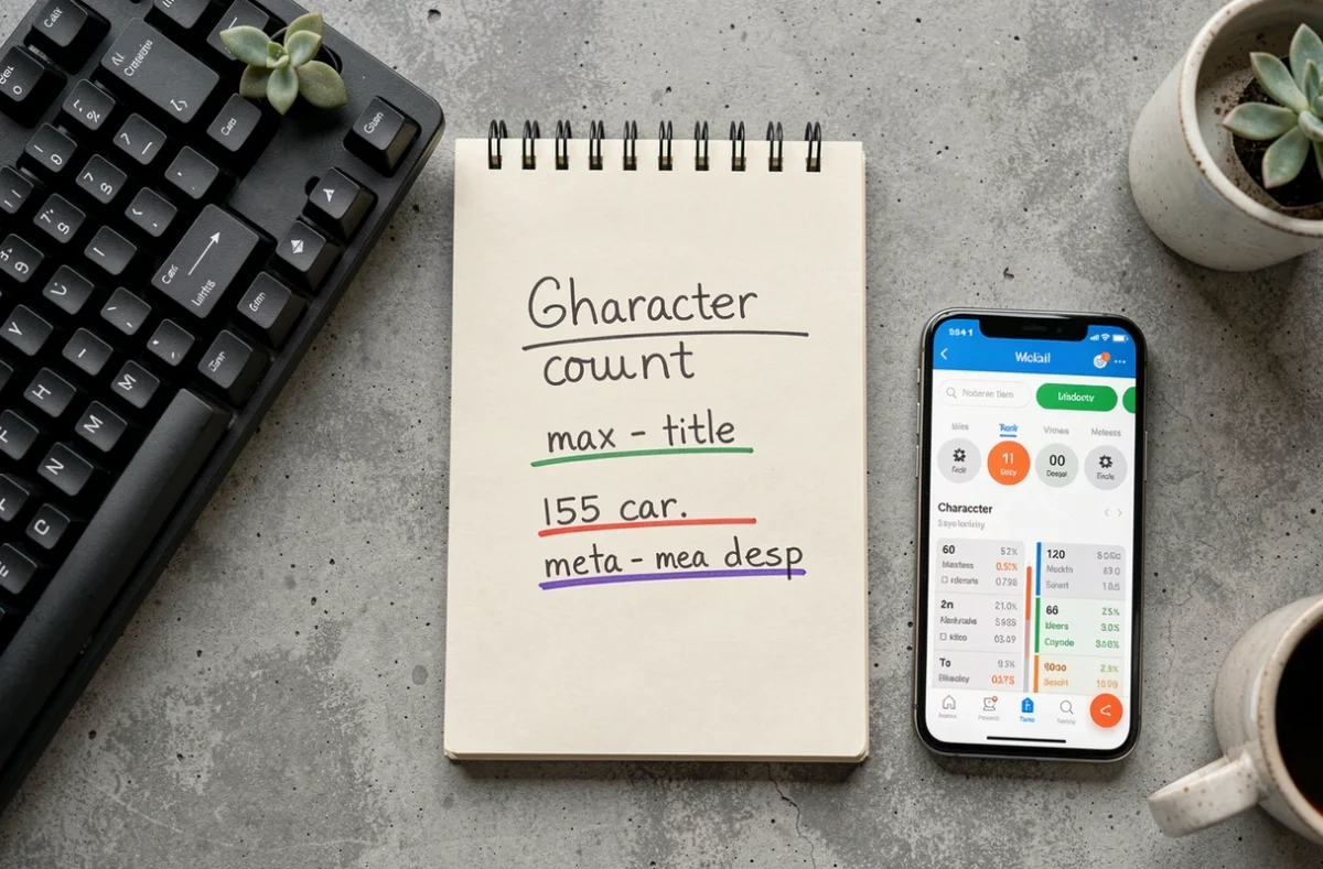 Vue aérienne d'un bureau minimaliste avec des notes manuscrites sur les limites de caractères SEO et un outil de comptage sur smartphone