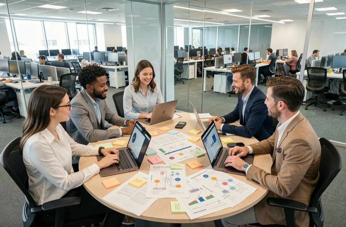 Équipe d'Opteam Interactive en réunion autour de prototypes web interactifs dans une salle de conférence vitrée