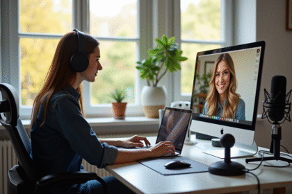 Personne avec casque dans un bureau lumineux et moderne