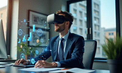 Personne en costume avec casque VR dans un bureau moderne