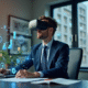 Personne en costume avec casque VR dans un bureau moderne