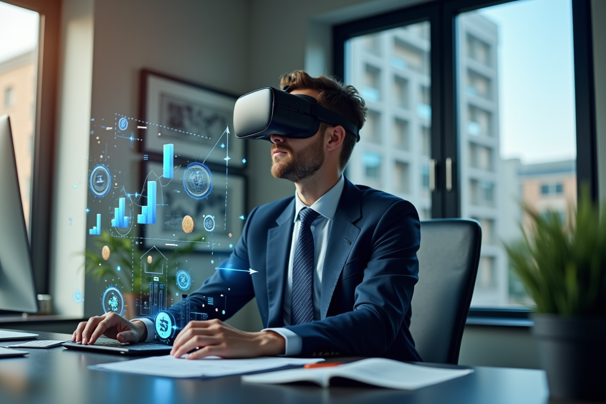 Personne en costume avec casque VR dans un bureau moderne