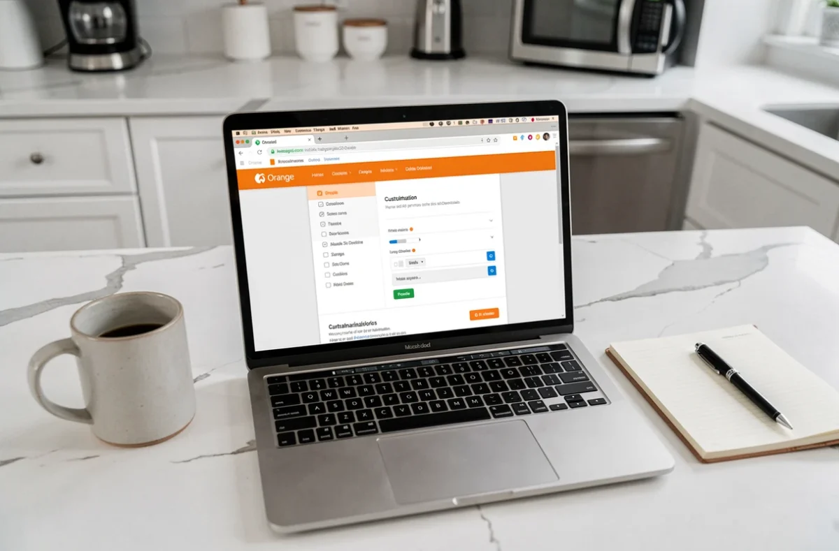 Vue de dessus d'un ordinateur portable affichant les réglages du portail Orange sur un plan de travail de cuisine moderne