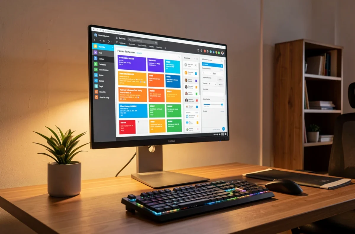 Poste de travail avec écran affichant plusieurs applications