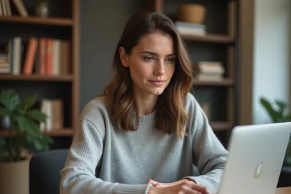 Femme utilisant le raccourci clavier Ctrl+Z pour annuler une action sur un ordinateur portable dans un bureau à domicile