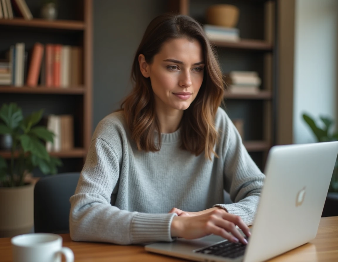 Femme utilisant le raccourci clavier Ctrl+Z pour annuler une action sur un ordinateur portable dans un bureau à domicile