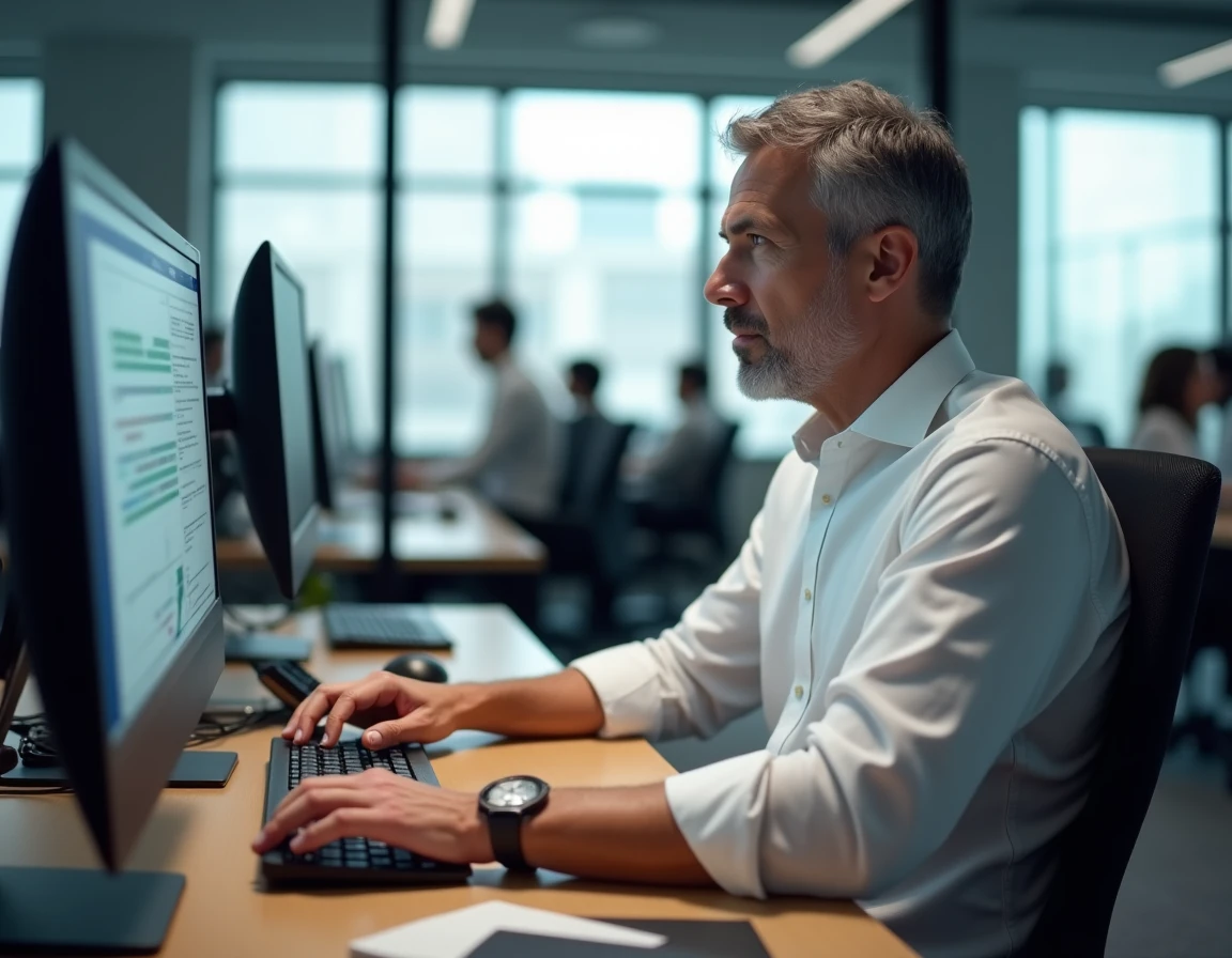 Homme au bureau appuyant sur un raccourci clavier pour revenir en avant dans Excel sur un ordinateur de bureau en open space