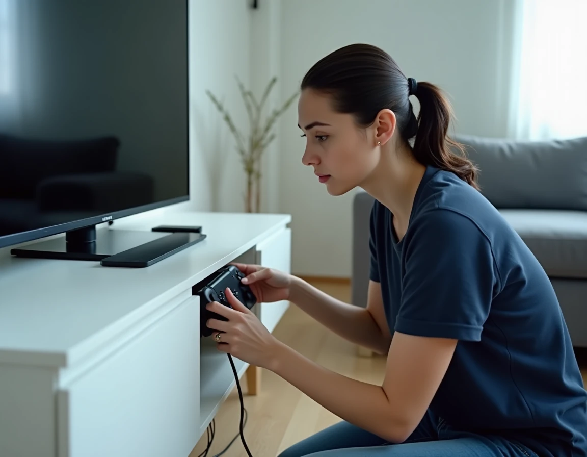 Femme reconnectant le dock Nintendo Switch sous la télévision pour résoudre un problème de démarrage