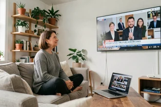 Femme regardant la télévision en direct via Internet sur un grand écran plat dans son salon, avec un routeur wifi posé sur une table basse