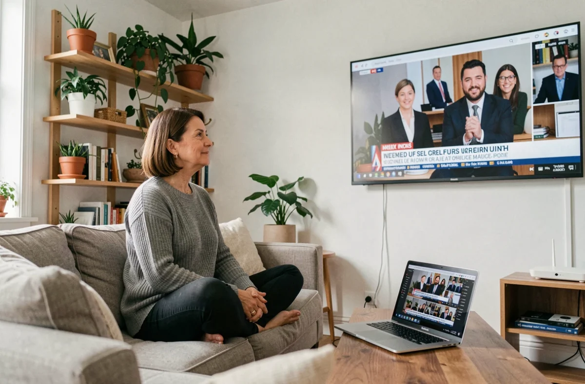 Femme regardant la télévision en direct via Internet sur un grand écran plat dans son salon, avec un routeur wifi posé sur une table basse
