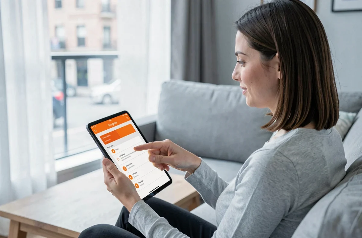 Femme réglant les paramètres de la page d'accueil Orange sur une tablette dans un salon contemporain