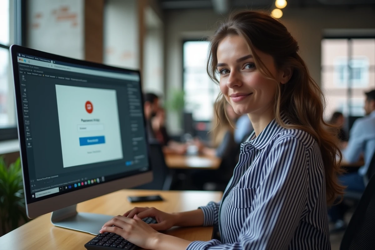 Jeune femme réinitialisant son mot de passe dans un espace de coworking pour accéder à son compte MyPrimobox
