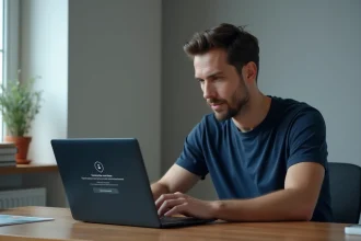 Homme utilisant un logiciel système sur laptop avec interface de sécurité visible sur écran