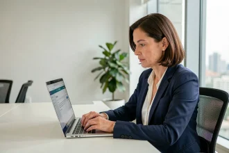 Femme professionnelle sécurisant ses échanges par email sur un ordinateur portable en open space