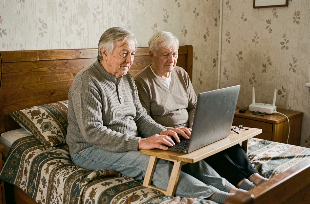 Couple de seniors regardant la télévision en direct sur un ordinateur portable connecté en wifi dans leur chambre, sans décodeur