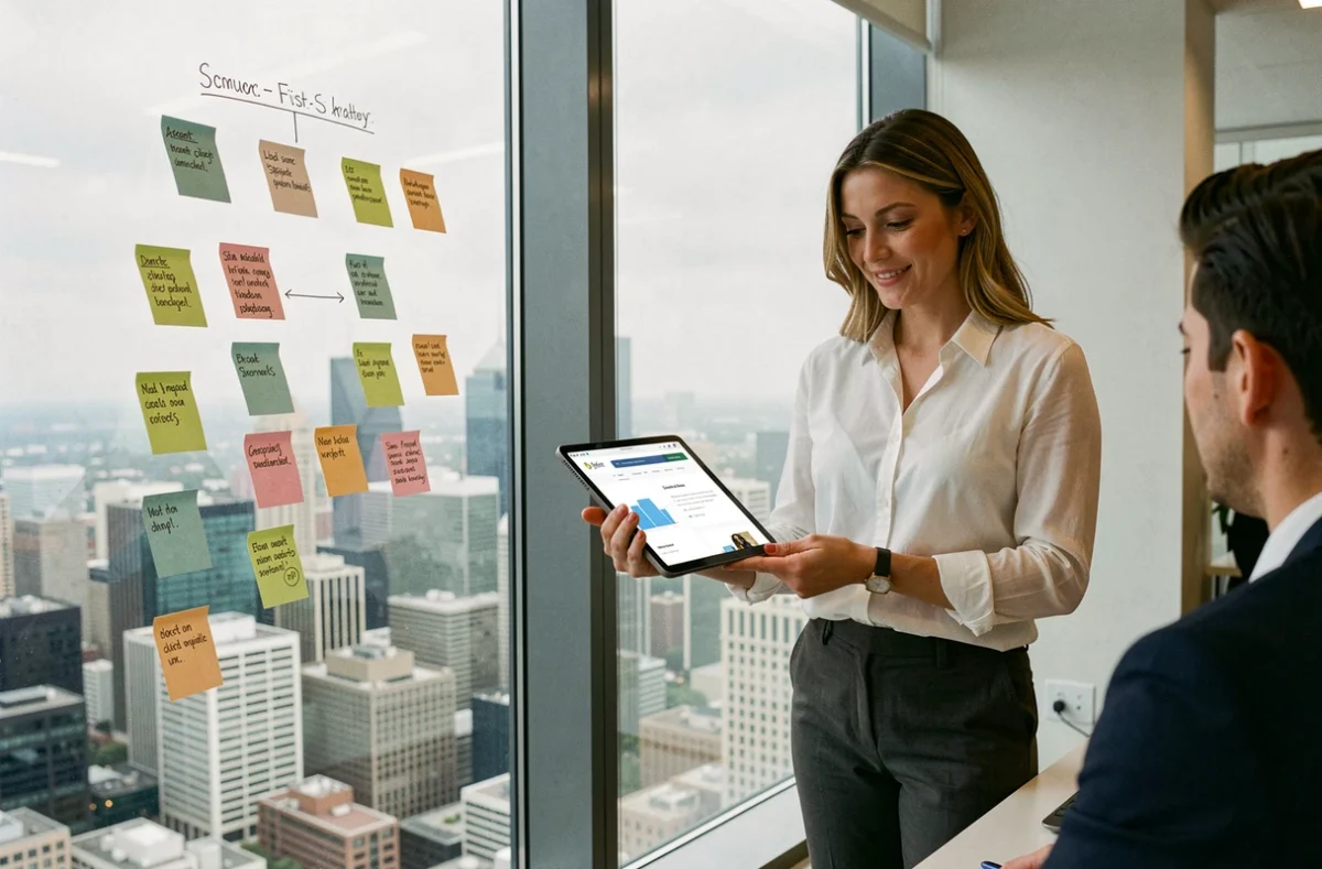 Stratège UX de Skyward Agency présentant une stratégie mobile-first avec vue panoramique sur la ville
