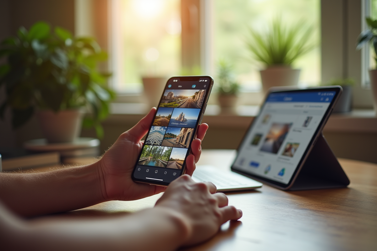 Smartphone avec Google Photos et tablette OneDrive dans un cadre cosy