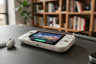 Console portable Sony PlayStation dédiée au cloud gaming posée sur un bureau moderne avec interface de streaming visible à l'écran