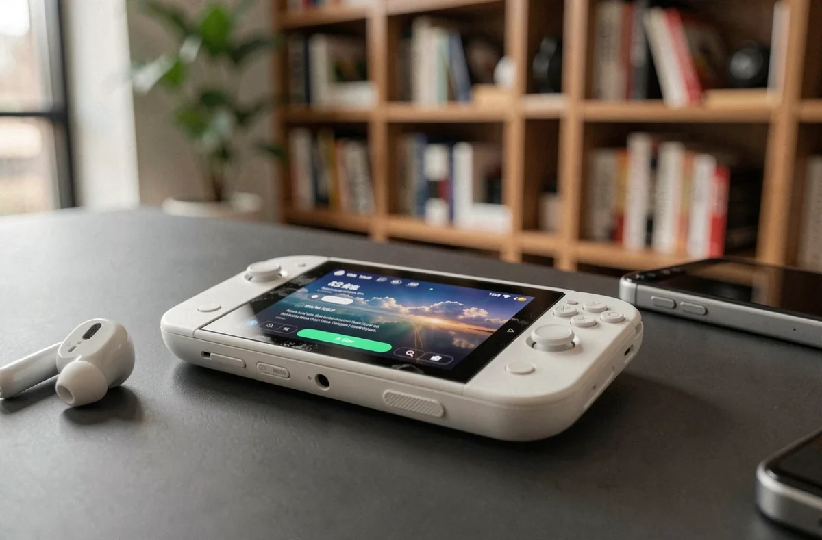 Console portable Sony PlayStation dédiée au cloud gaming posée sur un bureau moderne avec interface de streaming visible à l'écran