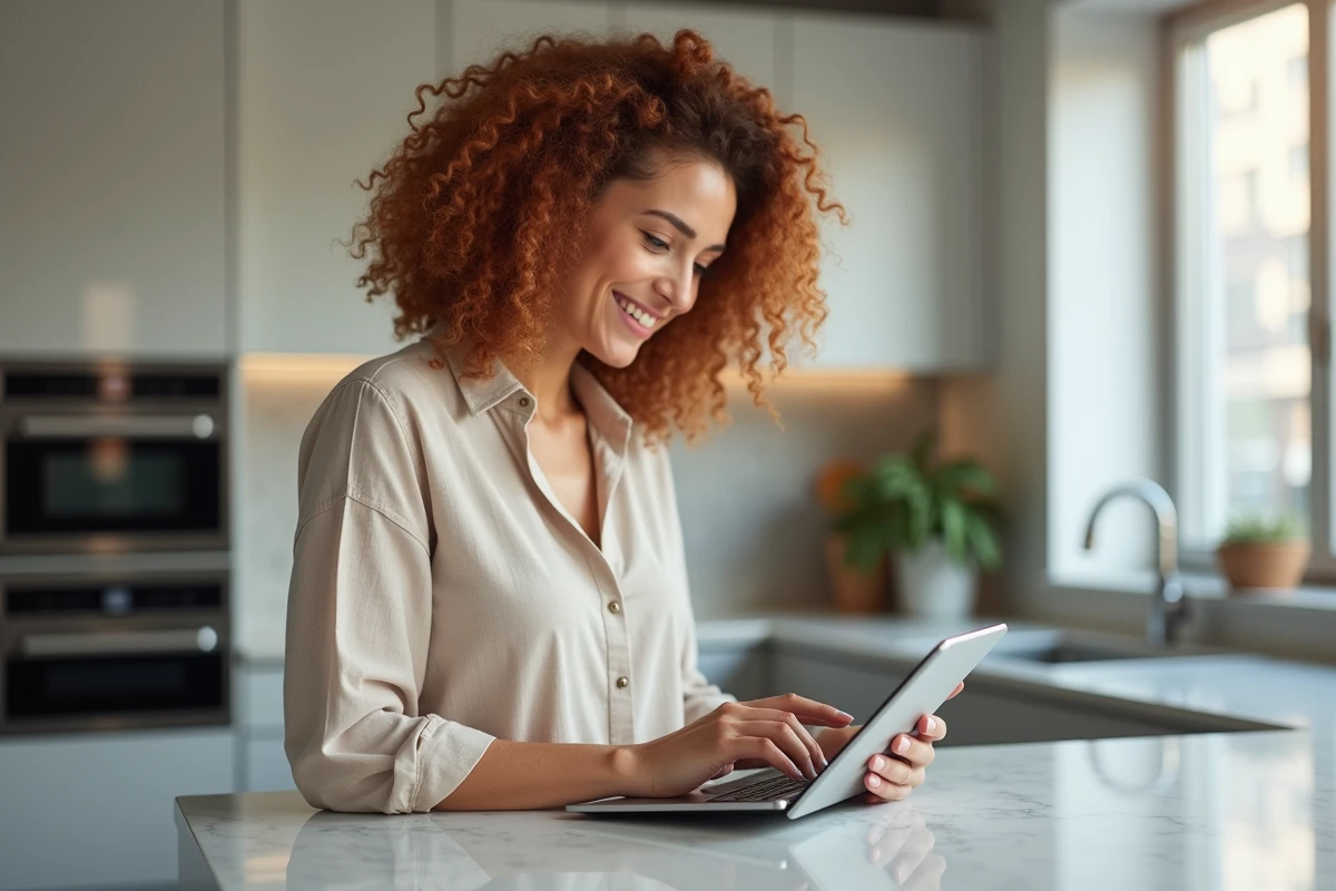 Femme téléchargeant des highlights Instagram en qualité HD depuis une tablette dans une cuisine moderne