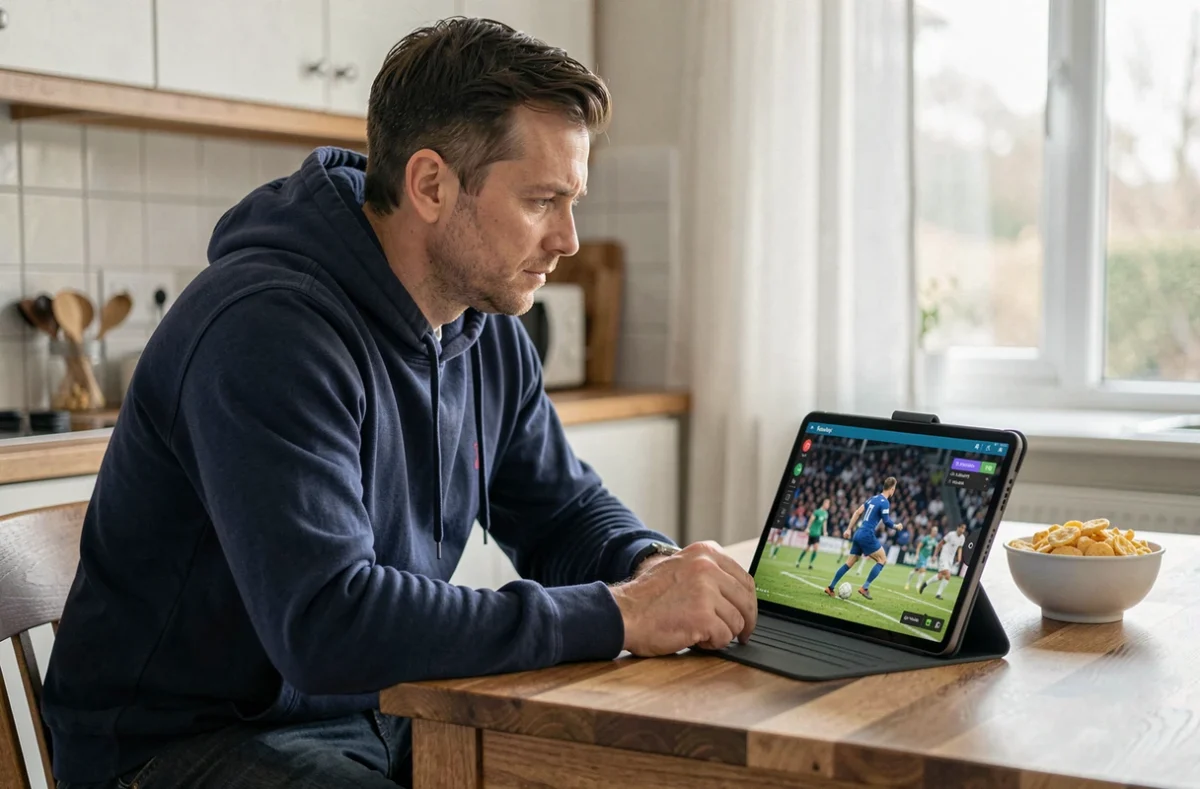 Homme regardant un direct sportif sur une tablette connectée en wifi dans une cuisine moderne sans décodeur TV