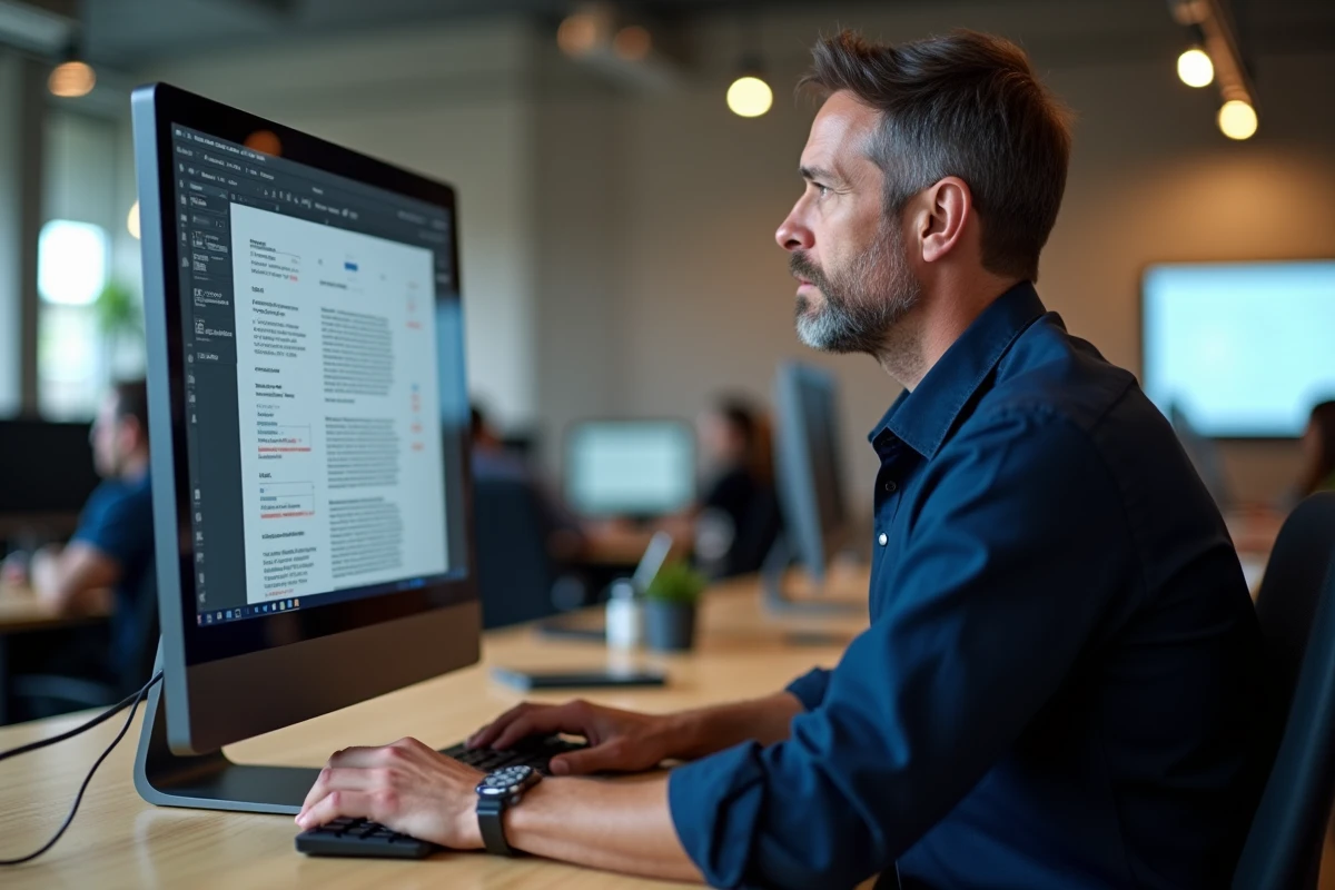 Homme en open space sélectionnant des pages à supprimer dans un éditeur PDF sur grand écran