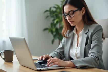 Femme utilisant un logiciel PDF sur ordinateur portable pour supprimer des pages d'un document