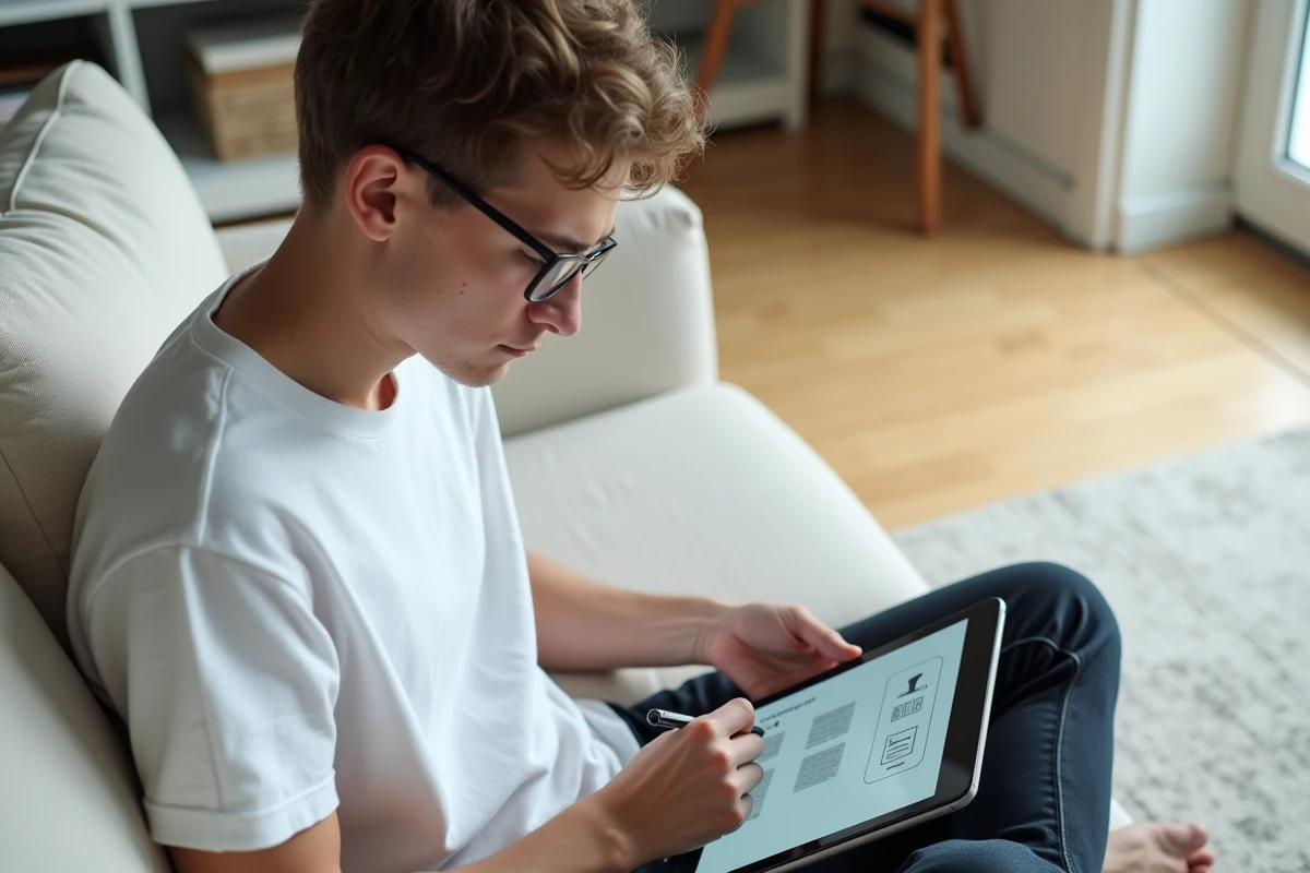 Jeune personne supprimant des pages d'un PDF sur tablette dans un salon moderne